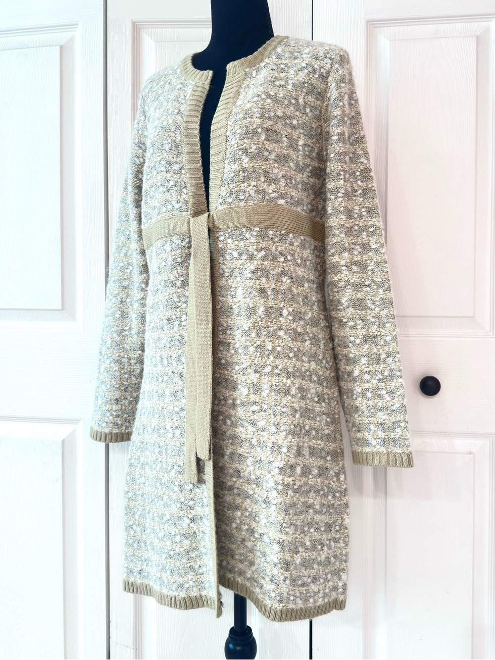Beige/Gray/Cream Knit/Wool Long Open Front Cardigan with Attached Tie Belt - Picture 7 of 12